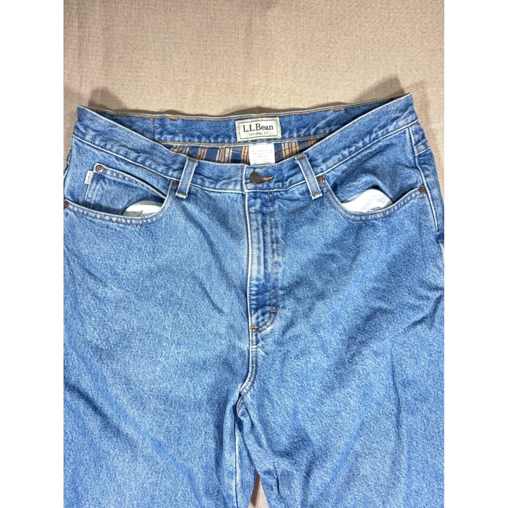 VTG L.L. Bean Flannel Lined Jeans Mens 36x29 Natural Fit Blue Denim Plaid Mexico